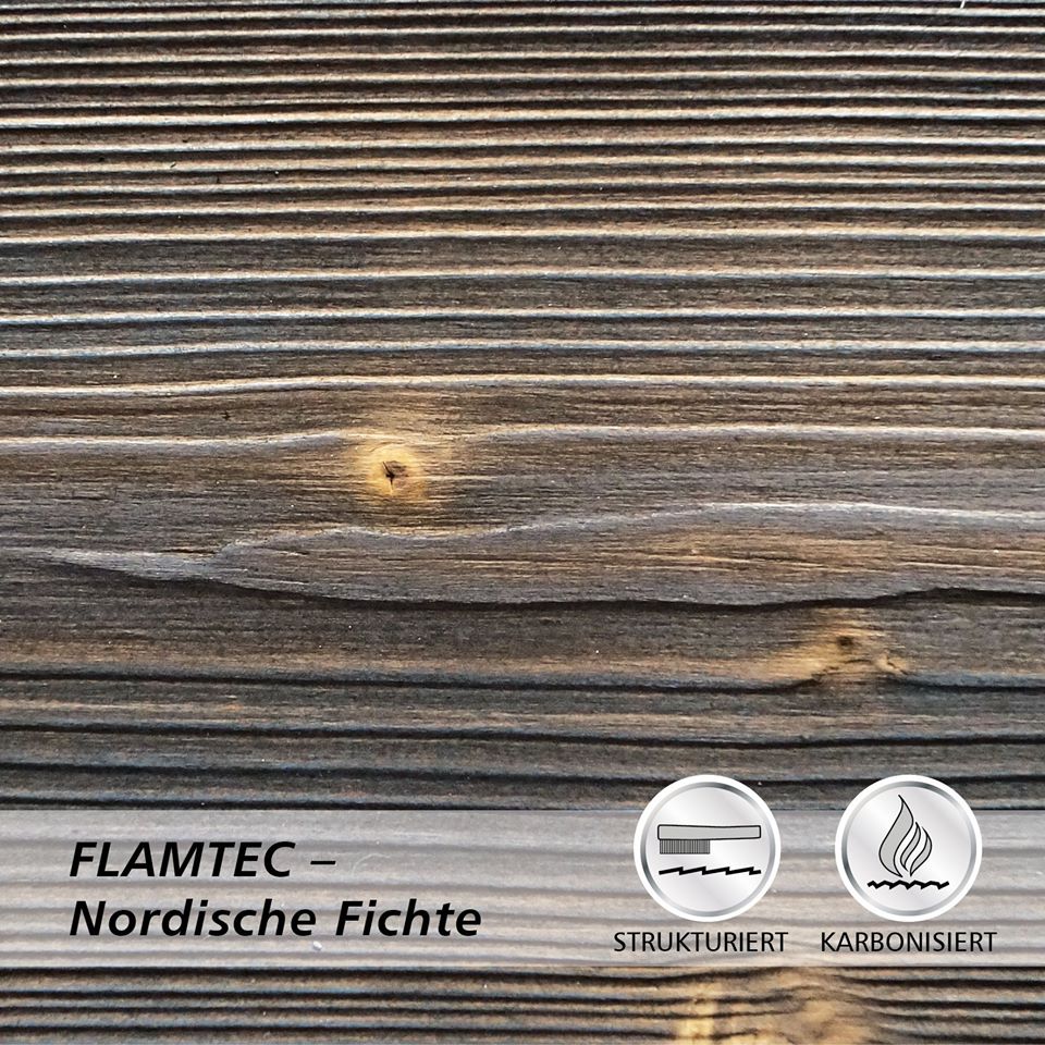 Deska elewacyjna lekko opalana ogniem FLAMTEC + szczotkowana świerk skandynawski